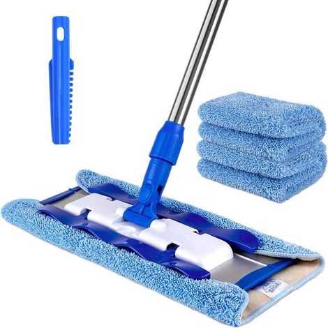 Balai-serpillère professionnel en microfibre avec manche en acier inoxydable pour sols en lengo, marbre et carrelage - Comprend 3 lingettes de nettoyage réutilisables et 1 éponge à récurer détergente