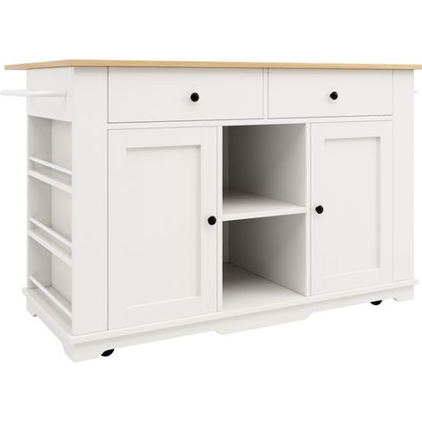 Isla de cocina blanca con enchufe, tablero abatible, MDF y metal (1/5)