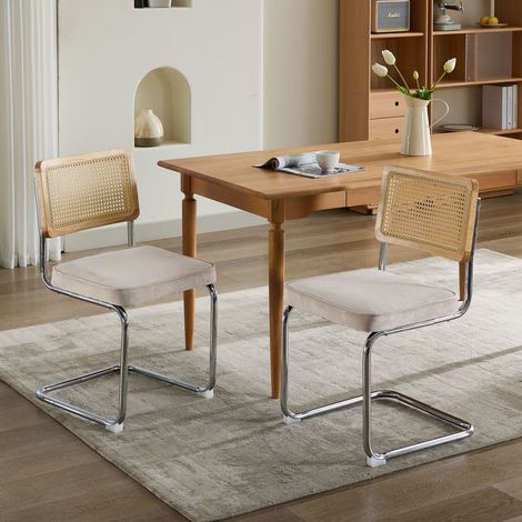 Chaise de salle a manger beige en velours avec dossier en rotin tresse et base cantilever acier,59×47×81cm (1/5)