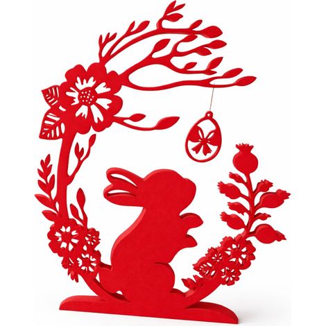 Decoración de Pascua: un conejito bajo el arco con un huevo de Pascua rojo.