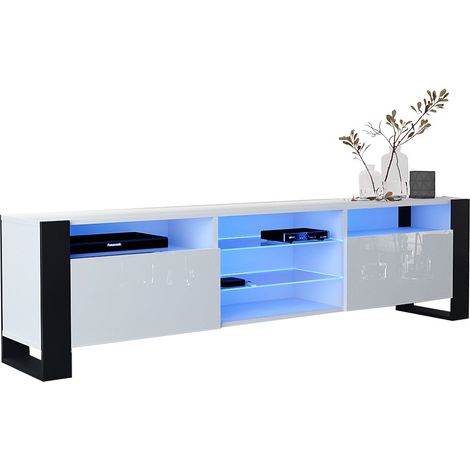 Dusine – Meuble TV 200 cm avec lumières LED USB – Mélaminé et MDF certifié FSC – Style industriel avec rangement intégré – Dimensions 200x36,5x45 cm
