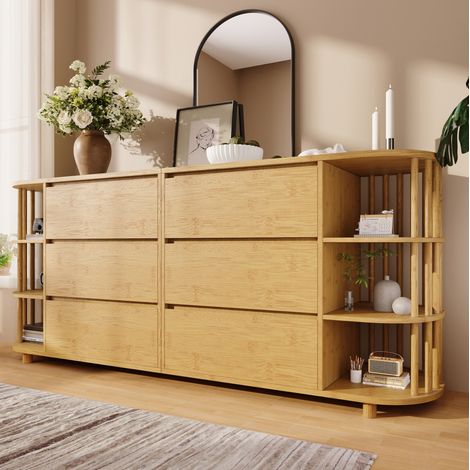 FLORAGRACE Buffet bas 160 x40x75 cm en MDF marron clair avec 6 tiroirs et rangements latéraux ouverts (1/5)