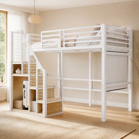 Cama alta de metal blanca 90x200 cm con escalera, barandillas y almacenaje integrado (1/5)
