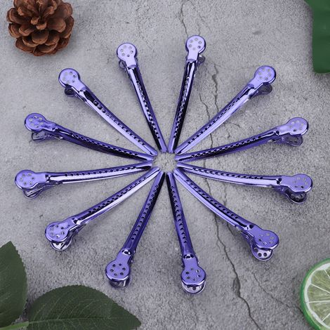 Boîte de 12 pinces à cheveux violettes pour coiffure professionnelle, idéales pour les salons de coiffure. (1/5)