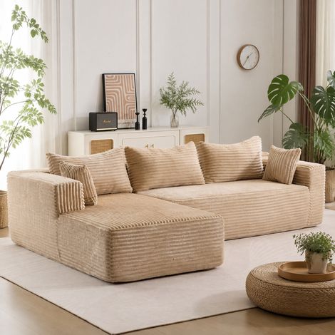 Sofá rinconera modular beige de pana, con asiento profundo y diseño minimalista,279x179x83 cm (1/5)
