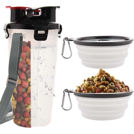 Tragbare Wasserflasche und Futterbehälter für Haustiere, ideal für Reisen. 2-in-1-Flasche mit 2 faltbaren Näpfen.
