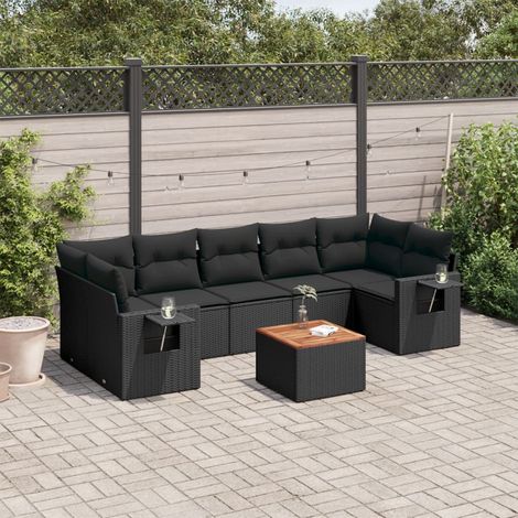 Salon de jardin 8 pièces en résine tressée noire avec coussins et meuble bas modulable - PANGIVO (1/5)