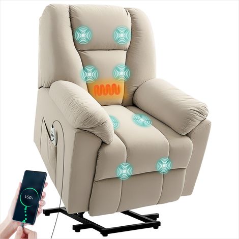 Fauteuil releveur électrique en velours beige lin avec massage, chauffage et ports USB (1/5)