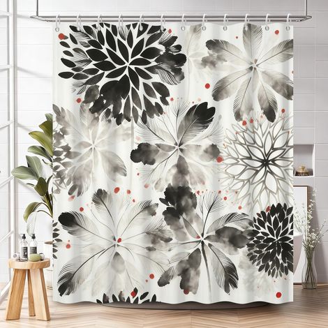Cortina de ducha abstracta negra con estampado floral y ganchos, tejido impermeable de 180 x 180 cm, diseño de acuarela de plantas y flores. (1/4)
