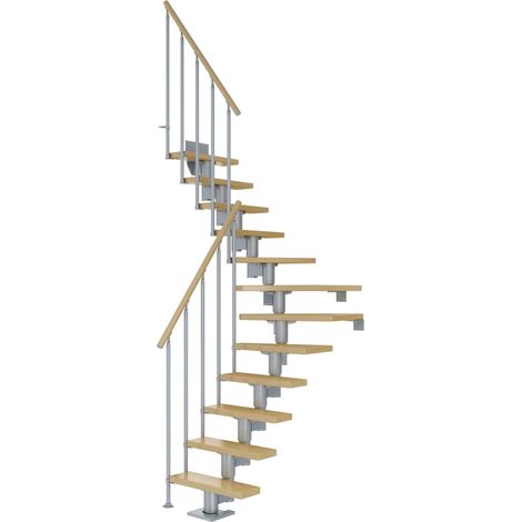 Dolle Mittelholmtreppe Dublin 1/4 gewendelt aus Ahorn lackiert 71 cm breit für GH 278–337 cm UK Metall Perlgrau mit Einzelstabgeländer