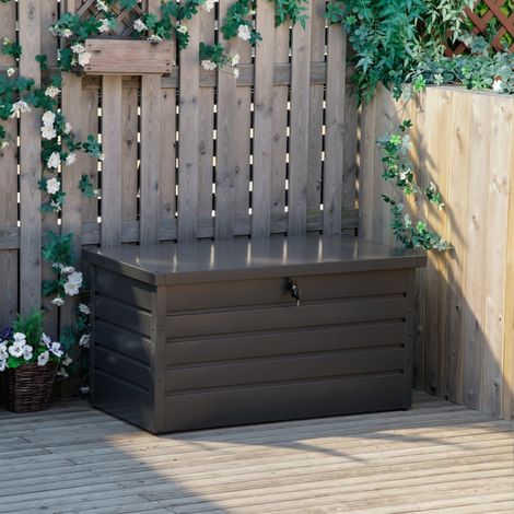 Banc de rangement de jardin avec serrure à clé, coffre moderne en acier robuste, coloris gris, dimensions 120 x 62 x 62 cm, idéal pour rangement extérieur terrasse et jardin (1/4)