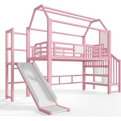Lit mezzanine métal rose forme maison pour enfant avec toboggan, échelle, rangement et LED Bluetooth, EN747, matelas 90x200, gain de place, pour chambre enfant, sécurité renforcée (1/5)