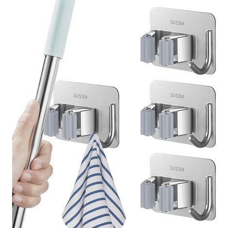 Porte Balais Mural, 4 Pièces en Acier Inoxydable Accroche Balai Mural Placard à Balais Accroche Balai Mural sans Percer pour Salle de Bain, Cuisine, Jardin, Garage, Placard (Argent) (1/4)