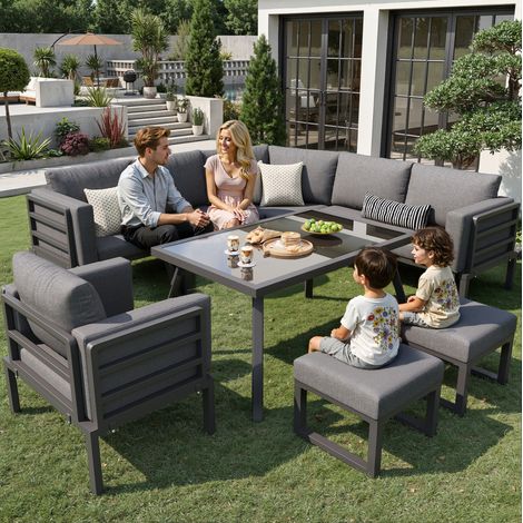 Salon de jardin modulable 114x60x77 cm gris en fer et verre avec table et coussins épais (1/5)