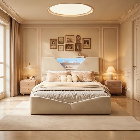 Lit  simple 140x190cm – Lit coffre – Rangement tête de lit – LED ambiance – Chargement sans fil – Cadre lattes – Style moderne multifonctionnel
