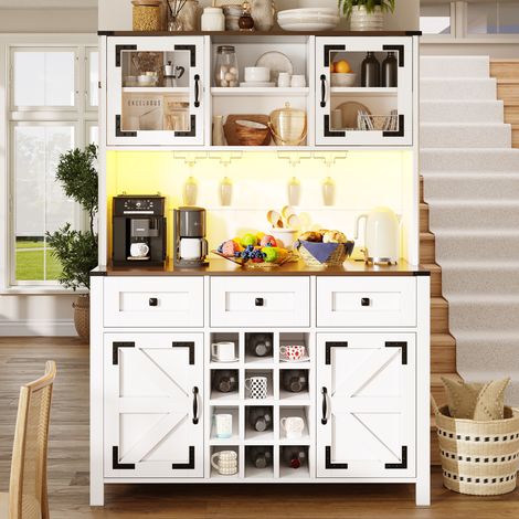 Armoire haute de cuisine avec ports USB et prises, meuble latéral à 4 portes et 3 tiroirs, buffet avec bande lumineuse LED, meuble de cuisine, meuble de rangement, buffet, blanc, 120×40×170cm (1/5)
