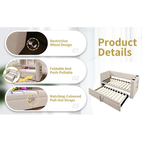 Sofá cama 90x200 cm de tejido beige con cama nido, USB, ahorra espacio, sin colchón – MEUBLIV (1/5)