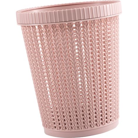 Nouveau poubelle ronde imitation rotin, sans couvercle, avec anneau de pression, plastique, rose, grand format, pour usage domestique, compatible avec sacs à ordures auto-extractibles (1/4)
