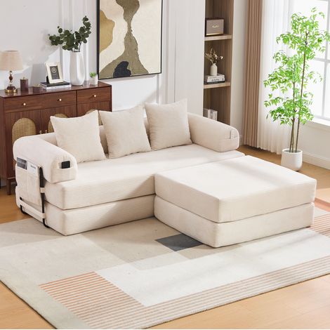 Divano modulare in velluto a coste beige con pouf, struttura in metallo, 3 cuscini, REDOM (1/5)