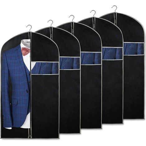 Set mit 5 Kleidersäcken, Anzugsäcken, universellen Kleidersäcken mit Reißverschluss, staubdicht, atmungsaktiv, schwarz, 8 Aufbewahrungsbeutel (1/4)
