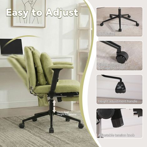 Fauteuil de bureau vert, chaise pivotante réglable en hauteur avec repose-pieds, capacité 150 kg, siège gaming à accoudoirs et roulettes, pour télétravail et bureau à domicile. (1/5)