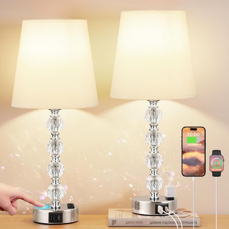 Lot de 2 Lampe de Chevet Tactile, Ports USB-A+C+Prise CA, 3 Intensités, Cristal, Abat-jour Blanc, Chambre Salon Bureau