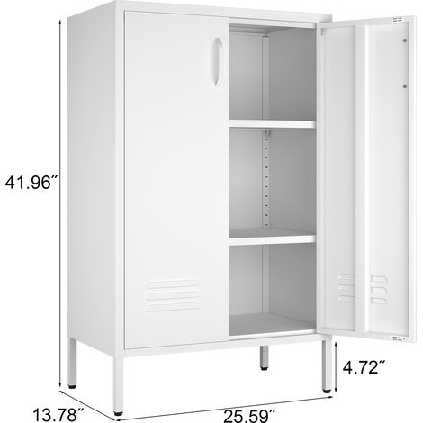 Armoire blanche en acier, 2 battants, 2 tablettes ajustables, meuble multi-usage pour salon, cuisine, chambre, garage, bureau.