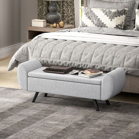 Banc de rangement de chevet avec accoudoirs en tissu. Pieds en bois et capacité de rangement de 53,8 L. 132 x 42 x 50 cm. Gris. (1/5)