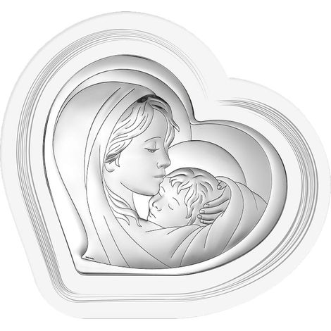 Image argentée de la Vierge à l'Enfant, cœur, souvenir de mariage, communion, baptême 6433F 11 x 11 cm (1/5)