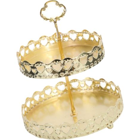 Plateau à pâtisserie double étage décoratif en cuivre doré, orné d'un cœur ajouré, idéal pour présenter biscuits et desserts lors d'un mariage. Parfait pour un mariage. (1/5)