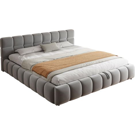CHICFURN Cama tapizada 180x200 cm con LED, canapé hidráulico oculto, cabecero acolchado, terciopelo gris, gran almacenaje para dormitorio moderno (1/5)