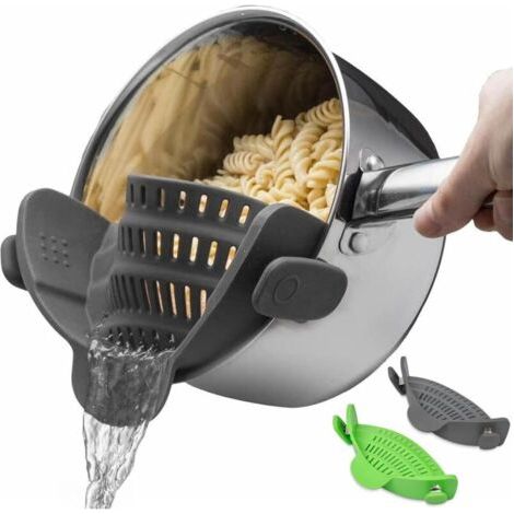 Lot de 2 passoires à clipser en silicone pour casseroles et poêles - Design pliable - Passoire résistante à la chaleur pour légumes et nouilles - Vert/Gris (1/4)
