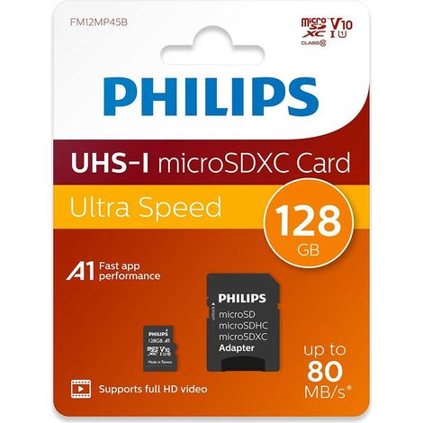 Philips – Carte microSDXC 128 Go – Vitesse de transfert jusqu'à 100 Mo/s – Classe 10 UHS-I – Imperméable et antichoc – Adaptateur inclus (1/4)
