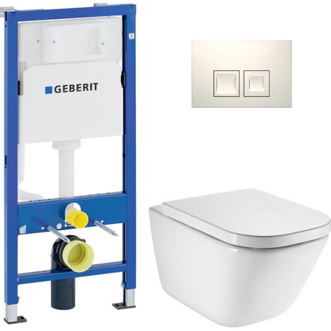 Duofix pack WC bâti-support UP100 + WC suspendu sans bride Roca avec abattant SoftClose + plaque blanche (GEBROGAWR03-FR)