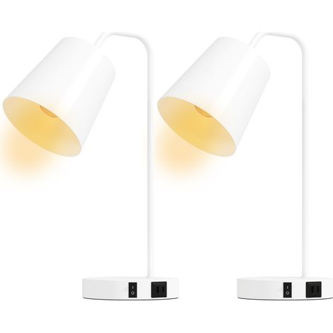 Lot de 2 lampes de table modernes en acier avec ports USB, douille E27, blanches (1/4)