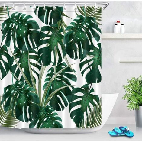 Jungle Tropical Paume Feuilles Rideau De Douche Avec 12 Crochets,180180Cm Vert Monstera Fond Blanc Rideaux De Salle De Bain Résistant À L'Eau Anti-Moisissure Lavable Tissu En Polyester (1/4)