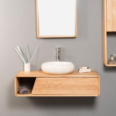 Wanda Collection – Meuble salle de bain suspendu teck Milo 100 cm – Vasque simple – Niche et tiroir de rangement – Finition épurée