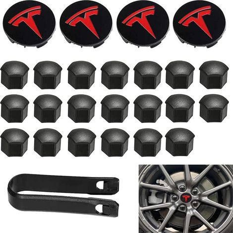 Ensemble de cache-moyeu et d'écrou de roue rouges avec logo Tesla, 4 h (1/5)