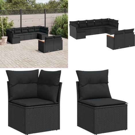 Salon de jardin 9 pcs avec coussins noir résine tressée - Ensemble Salon De Jardin - Mobilier Extérieur - Meubles De Jardin - Salon De Jardin Pliable - Chaise Longue - Home & Living (1/5)