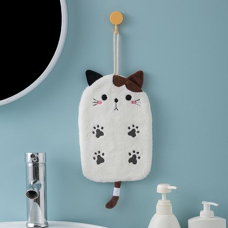 1 Pcs Super Absorbant Type Suspendu Chat Brodé Towelette Home Decora Double Usage Coral Velvet Main Serviette Salle De Bains Fournitures(Beige) (1/4)