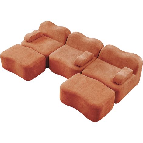 Divano modulare a U 3 posti in velluto arancione con 2 pouf, schiuma 32D (1/5)
