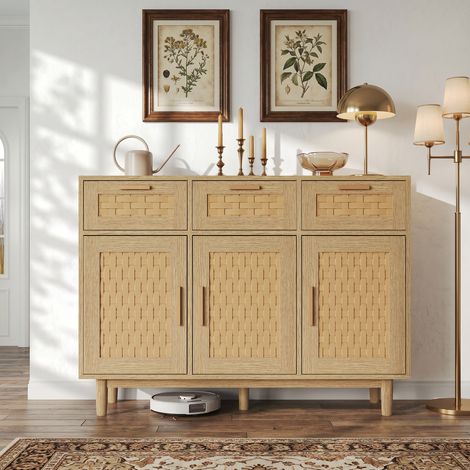 BLANKETSWARM - Buffet cuisine avec 3 tiroirs et 3 Portes en Rotin, 1003580 cm, meuble bas rangement, buffet salle a manger - style vintage rustique - Naturel