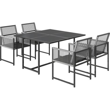 Ensemble de mobilier de jardin, salon de jardin, 5 pièces, table en verre avec 4 chaises pliantes respirantes à dossier en corde (1/5)