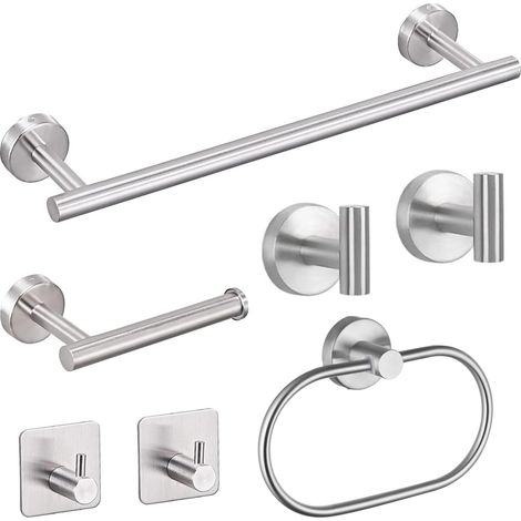 Lot de 7 accessoires de salle de bain en acier inoxydable SUS304 avec porte-serviette argenté, porte-rouleau de papier toilette, anneau porte-serviette et crochets muraux (1/5)