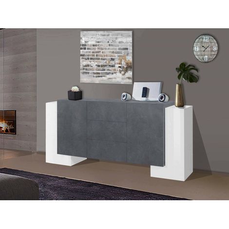 Dmora Modernes Sideboard mit 2 Türen und 3 Schubladen, Made in Italy, Küchen-Sideboard, Wohnzimmer-Design-Buffet, 210x45h85 cm, Farbe Weiß glänzend und Aschgrau (1/4)
