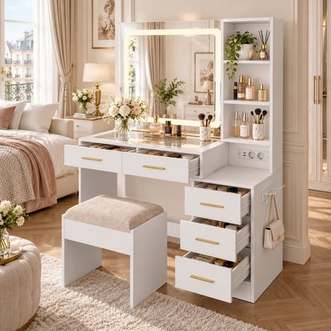 Coiffeuse avec Miroir LED réglable 110x36x140 cm, Bureau de Maquillage avec tabouret avec et 5 Tiroirs, Meuble de maquillage, Plateau en Verre, Multiprise, 3 Étagères Ouvertes (1/5)