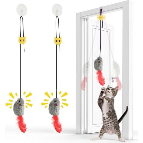 2Pcs Jouet Chat Interactif Souris Suspendue avec Queue à Plumes - Souris Suspendue avec Bruit et Corde Élastique - sans Piles, Idéal pour Jeu Autonome (1/4)
