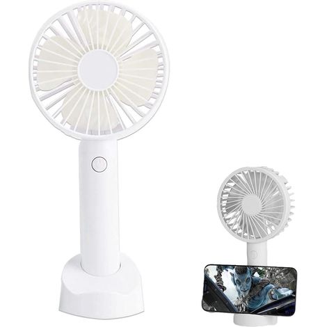 1 Ventilateur USB, 3 vitesses réglables, support téléphone, batterie rechargeable, portable pour bureau camping voyage - Blanc (1/5)