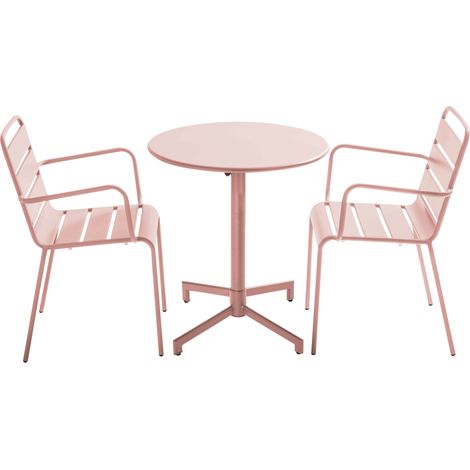 Ensemble table de jardin et 2 fauteuils en métal rose poudré - Palavas
