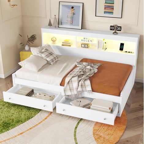Letto banquette 90x200 cm in pannelli di legno bianco con contenitore, moderno FloraGrace (1/5)